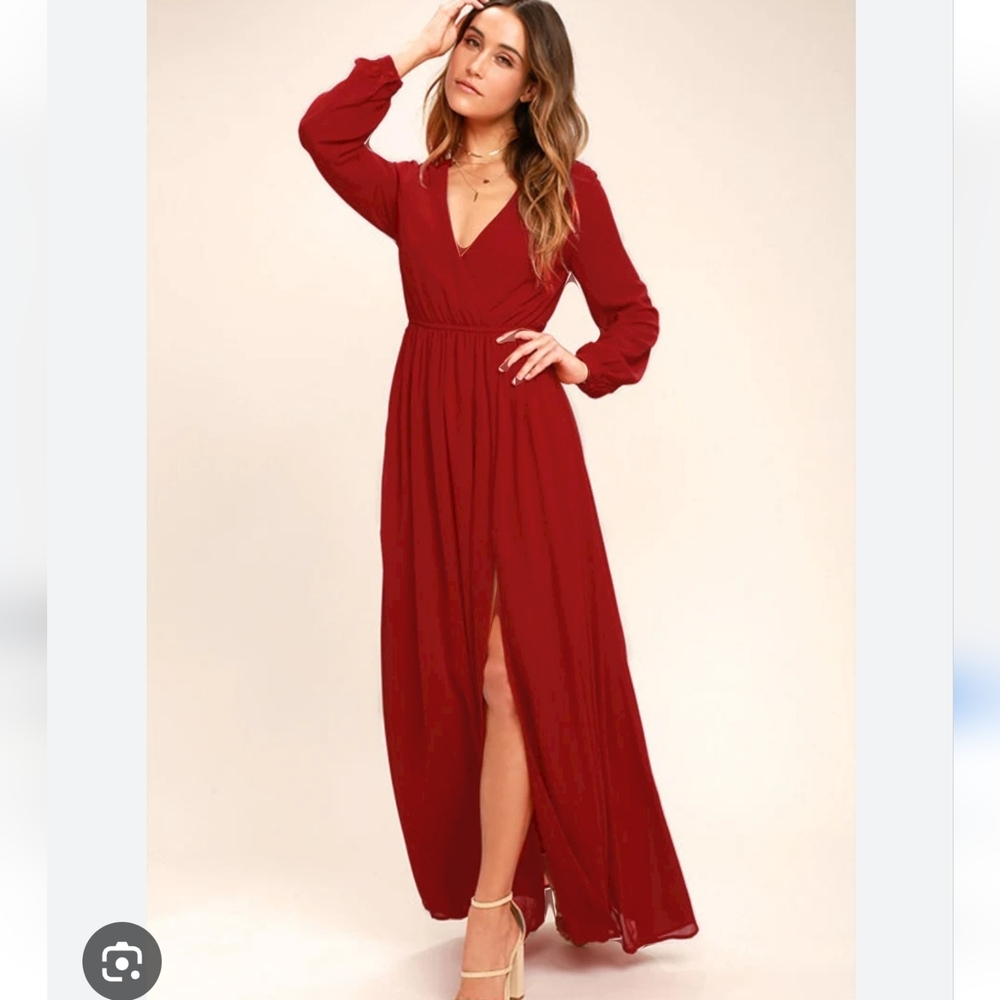 Lulus Wondrous Water Lilies Red Long Sleeve Maxi Dress